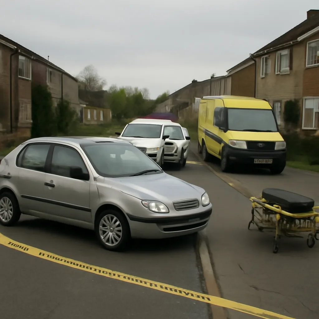 A parked mid-2000s compact car on a suburban street with emergency vehicles and responders nearby; cordoned-off area and stretcher visible at a distance.