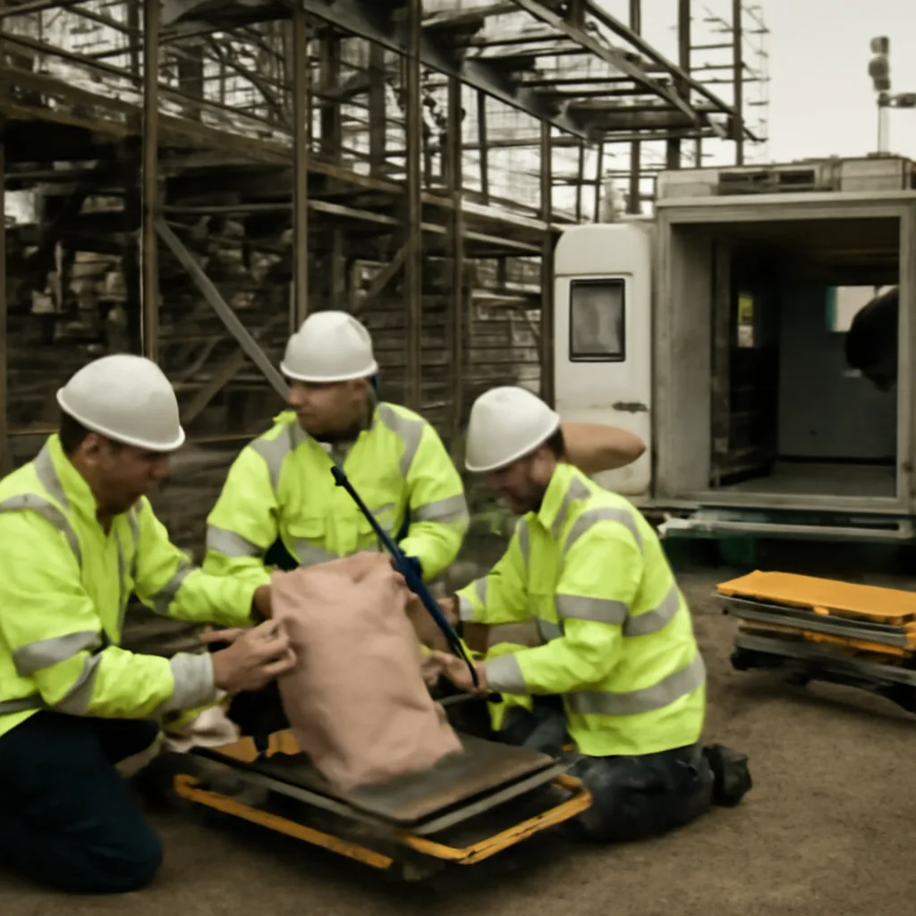 Worksite scene showing a steel rod driven horizontally through a torso-shaped mannequin mounted on a stretcher, emergency responders nearby with medical equipment.