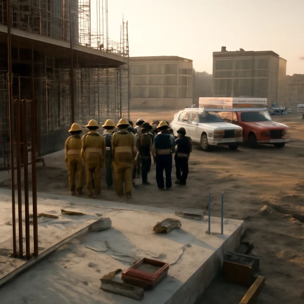 Construction site scene showing an upright steel reinforcement rod (rebar) protruding near a scaffolding area, with emergency vehicles parked nearby and first responders working; no identifiable faces.