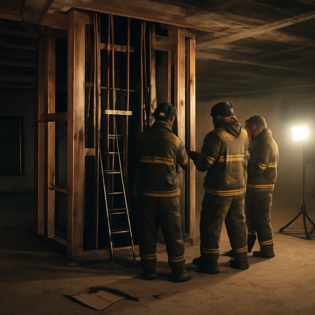 Interior of a multi-story building’s elevator shaft with exposed rails and open maintenance hatch; ladder and rescue equipment near the shaft mouth, dust and industrial lighting visible.