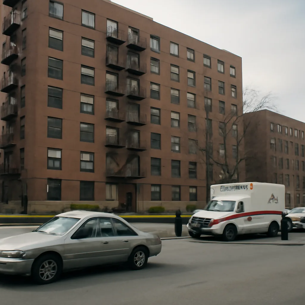 A parked car with a dented roof beneath a multi-story residential building; emergency vehicles and responders on the street, scene cordoned off, daytime.