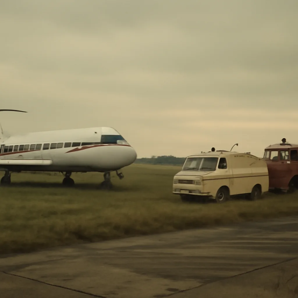 Vintage 1970s small passenger airplane on a rural airfield with emergency vehicles nearby; overcast sky, no identifiable people.