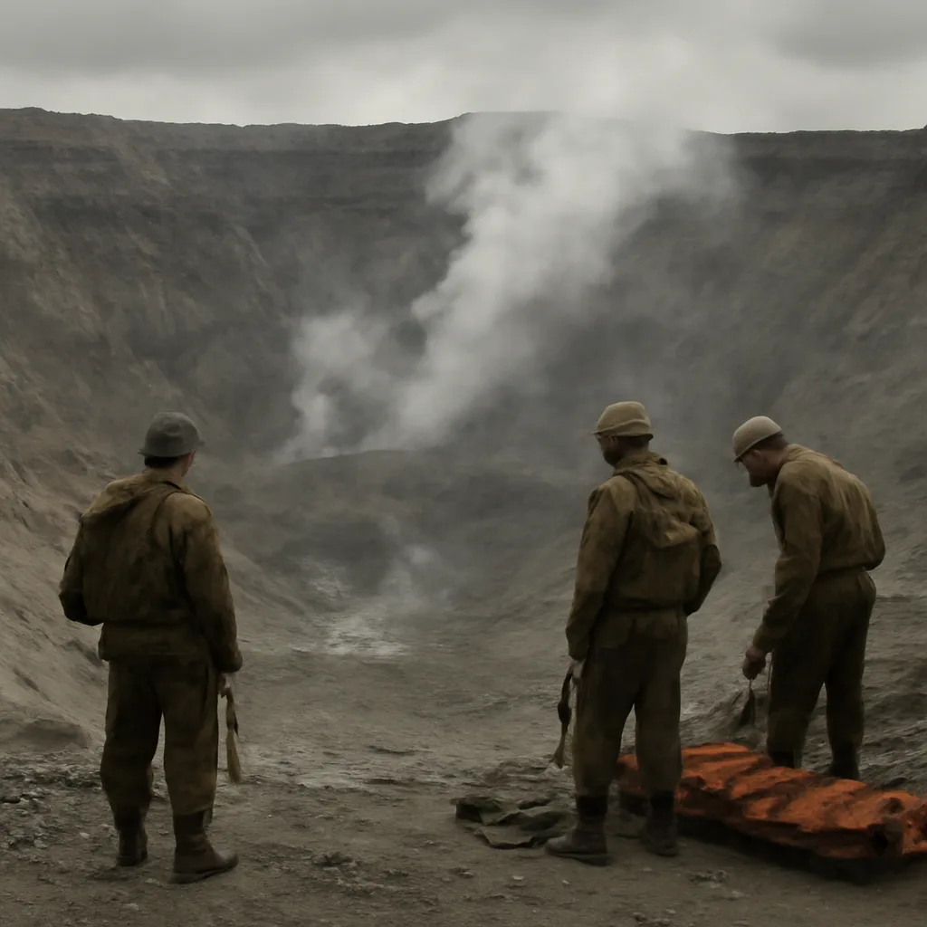 Rescue teams working near the rim of an active volcanic crater, with steam rising from the crater and rocky, unstable terrain in the foreground.