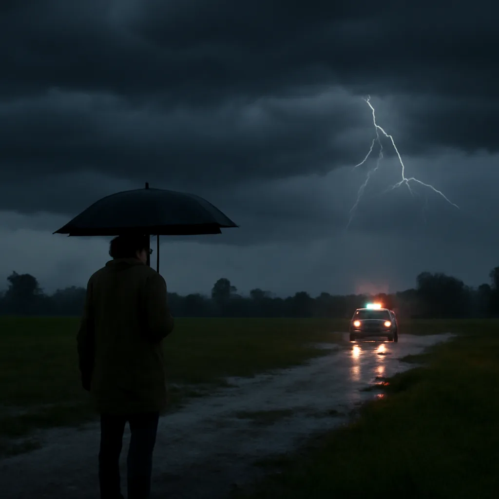 Outdoor scene during a summer thunderstorm: a wet field with a lone person standing under a dark sky with distant lightning; emergency vehicle lights reflected on wet ground.