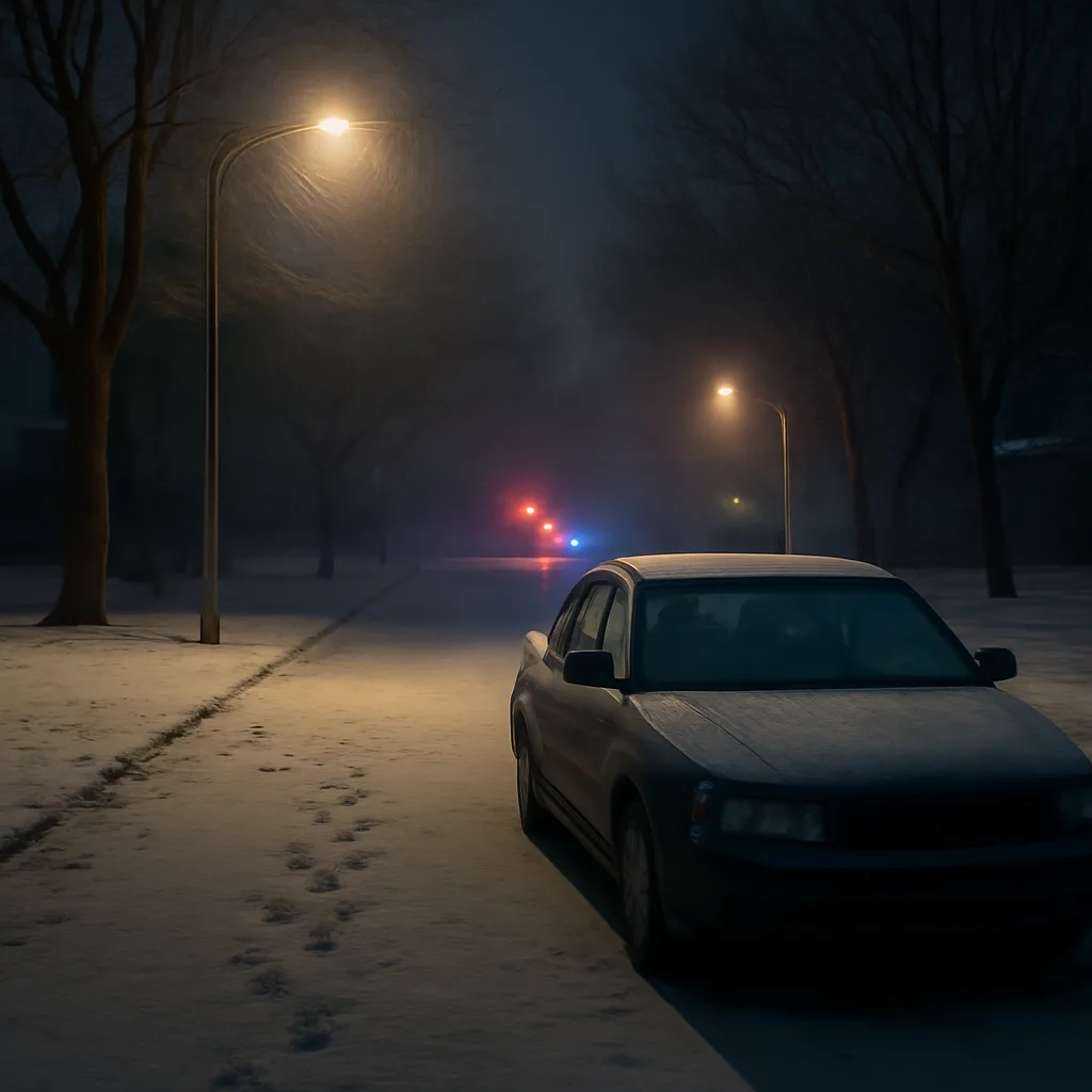 A parked car at night on a snow-lined street under streetlights, with emergency vehicle lights in the distance and footprints in the snow nearby.