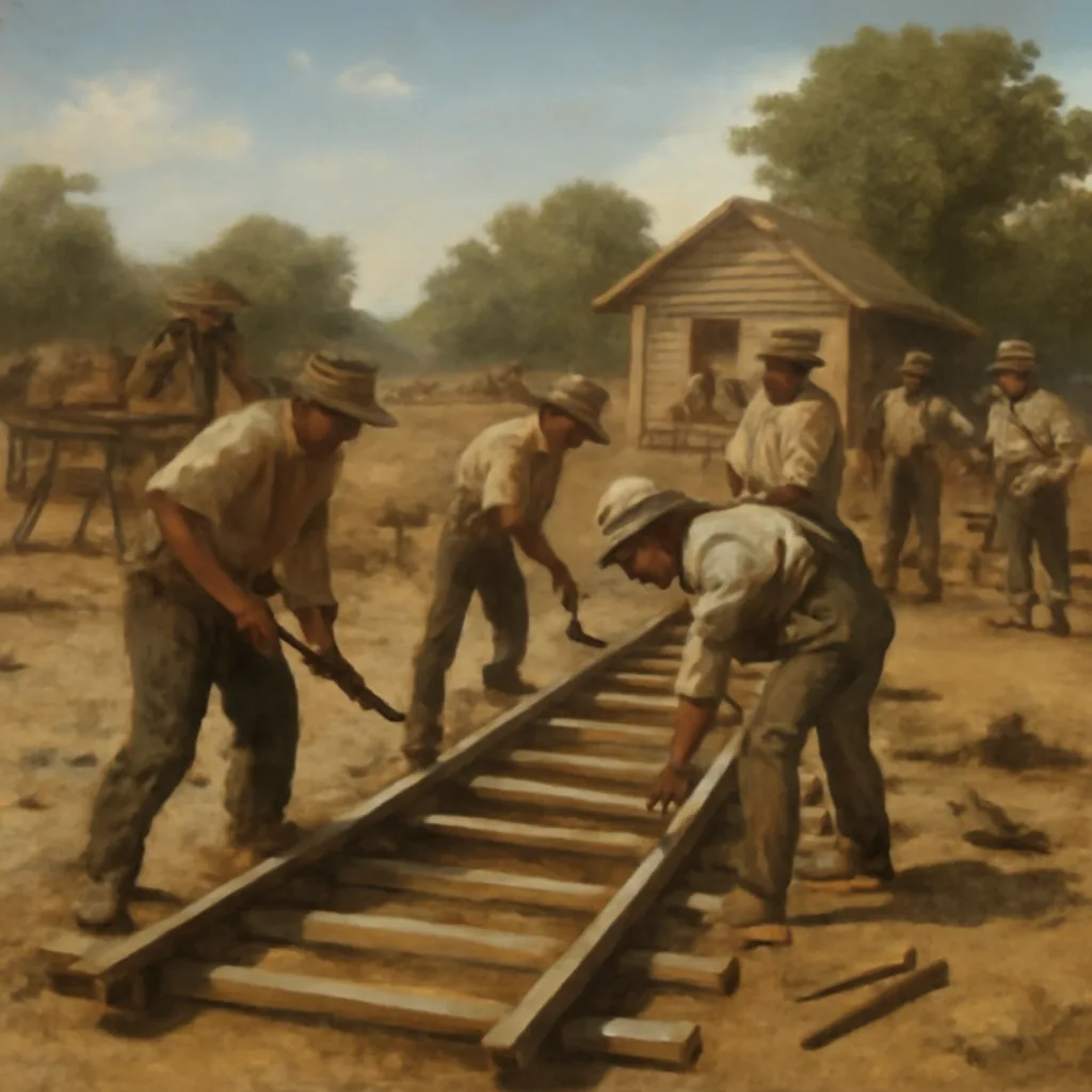 Mid-19th-century railroad construction scene with workers, wooden rails and spikes, and a stretcher at the sideline; horses and carts visible, no identifiable faces.