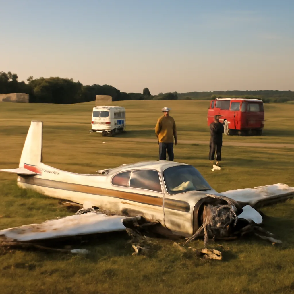 Wreckage of a small single-engine light aircraft on grass near an airstrip, emergency vehicles and responders nearby; no identifiable faces visible.
