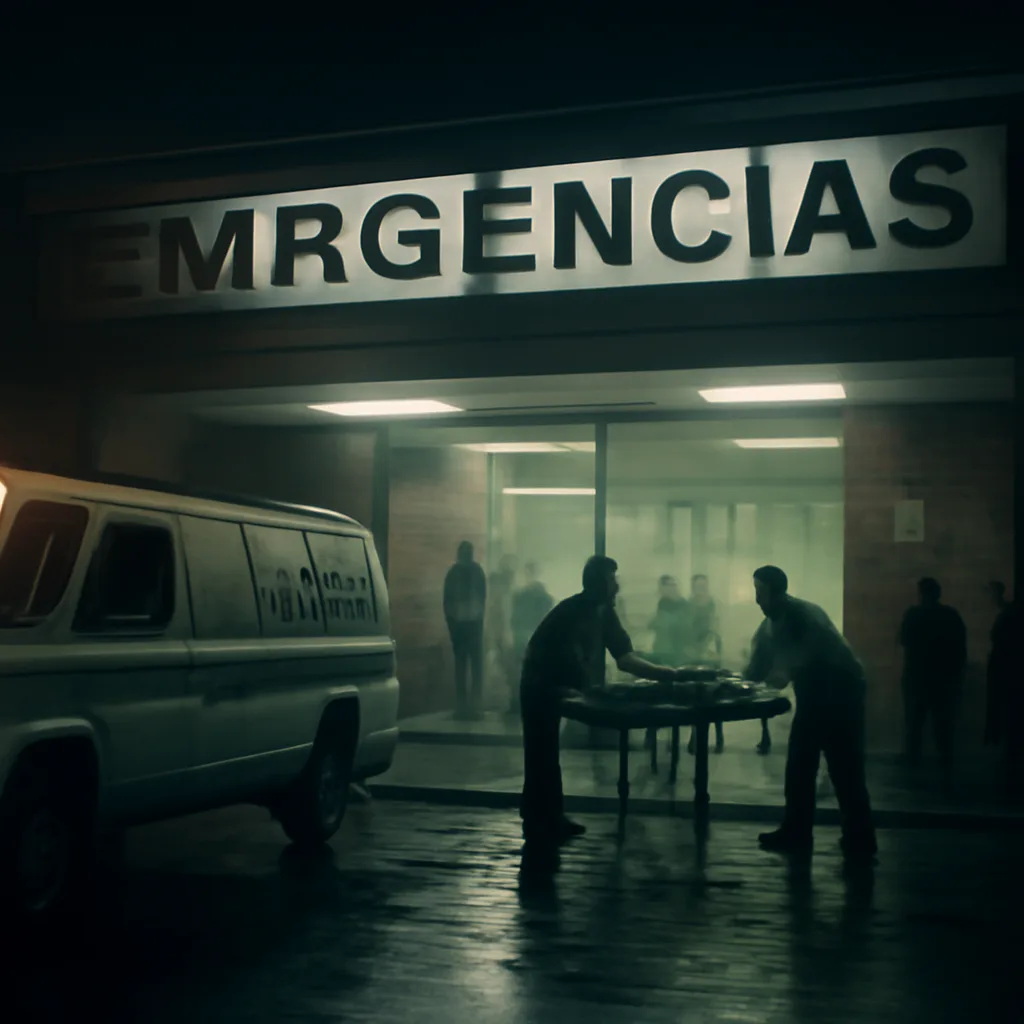 Hospital entrance at night with stretcher and medical staff, scene suggesting an emergency arrival after a violent attack; no identifiable faces.