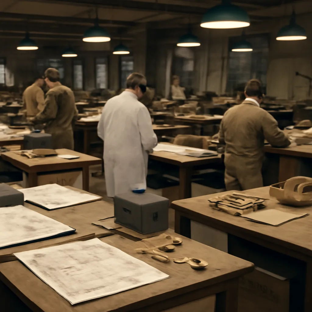 A wide workshop interior at Los Alamos showing engineers and technicians around benches with explosive lens models, blueprints, and mechanical equipment, dated to the mid-1940s.