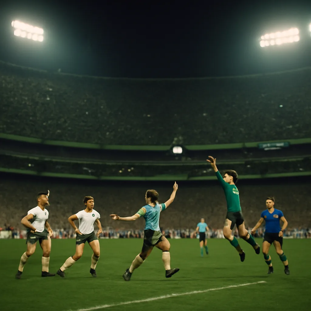 Stadium scene showing two footballers leaping for a high ball near the England goal at Estadio Azteca in 1986, with a goalkeeper reaching and a crowd-filled stand in the background.