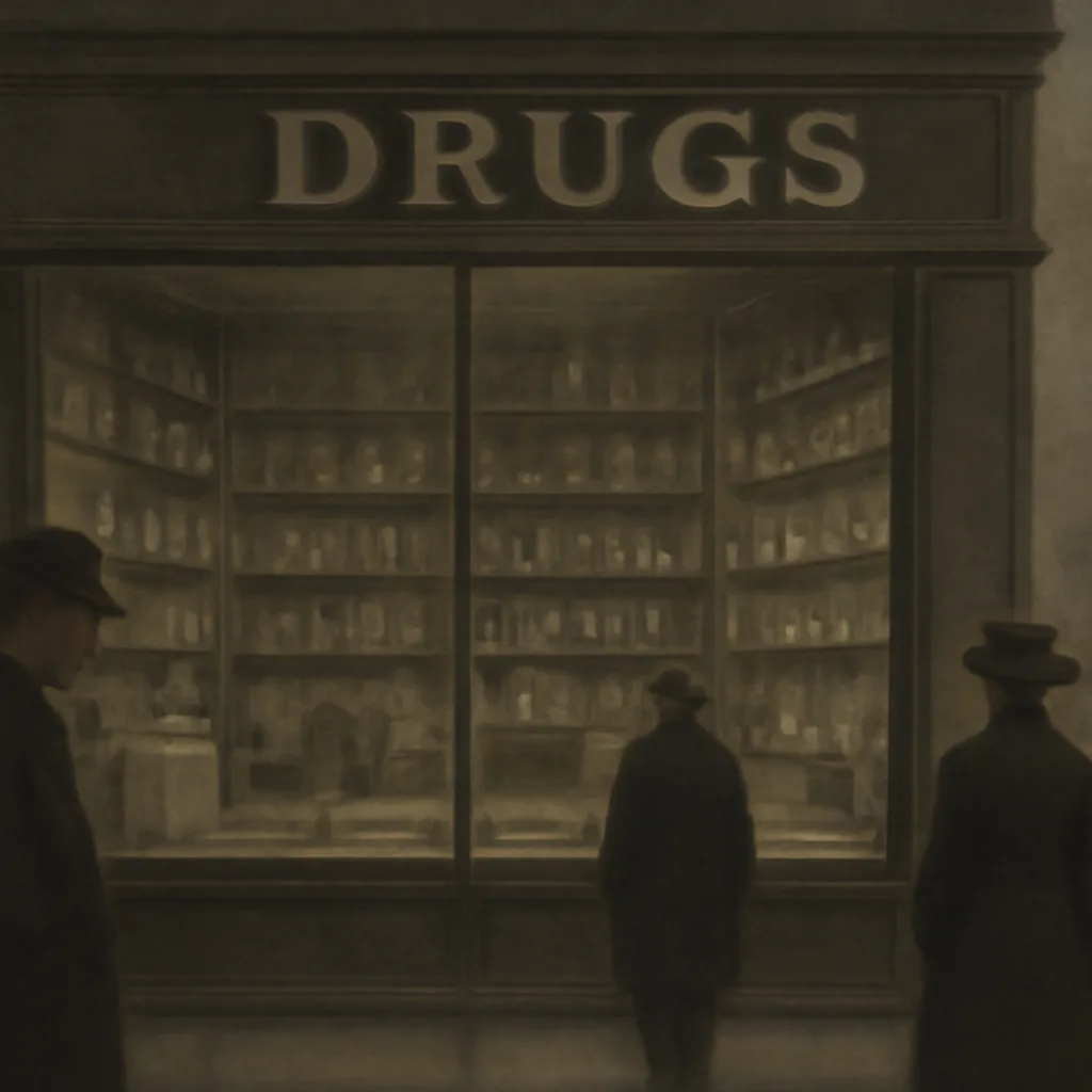 Early 20th-century apothecary-style shelves and a storefront display of patent medicine bottles and tins with generic labels, viewed from a slight distance.