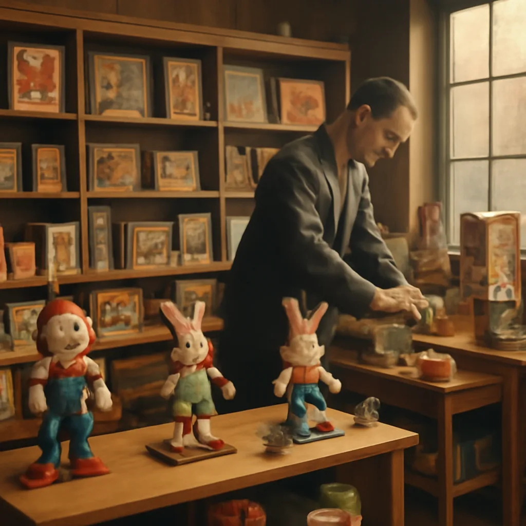 A 1950s-era toy store aisle with mechanical pull-toy figures and cardboard boxes on wooden shelves, mid-century signage, and customers in period clothing.