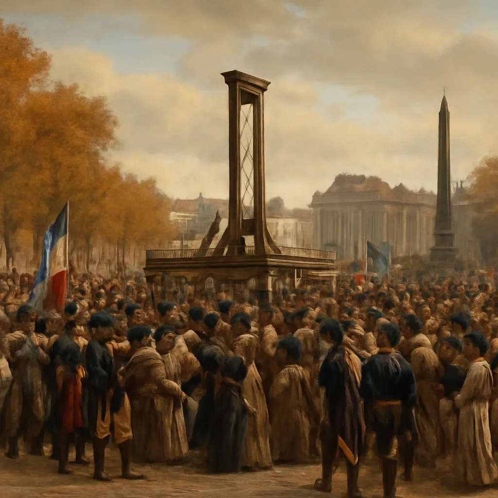 Crowd outside the Place de la Révolution in Paris, 1793, with a guillotine erected in the public square and carriages or guards in late 18th-century military and civilian dress.