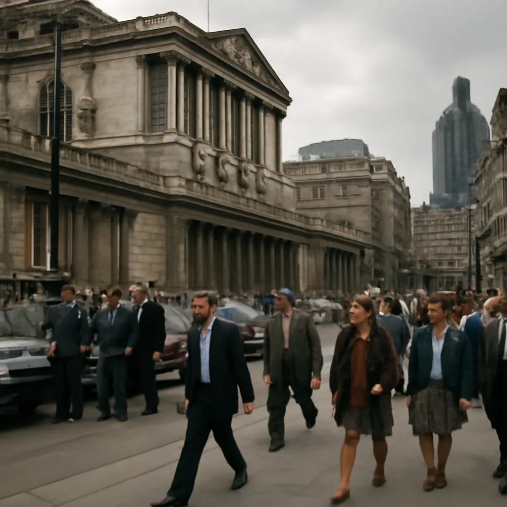 A 1992 London street scene near the Bank of England with traders and passersby, showing newspapers and financial signage referencing the pound; overcast sky, 1990s clothing and vehicles.