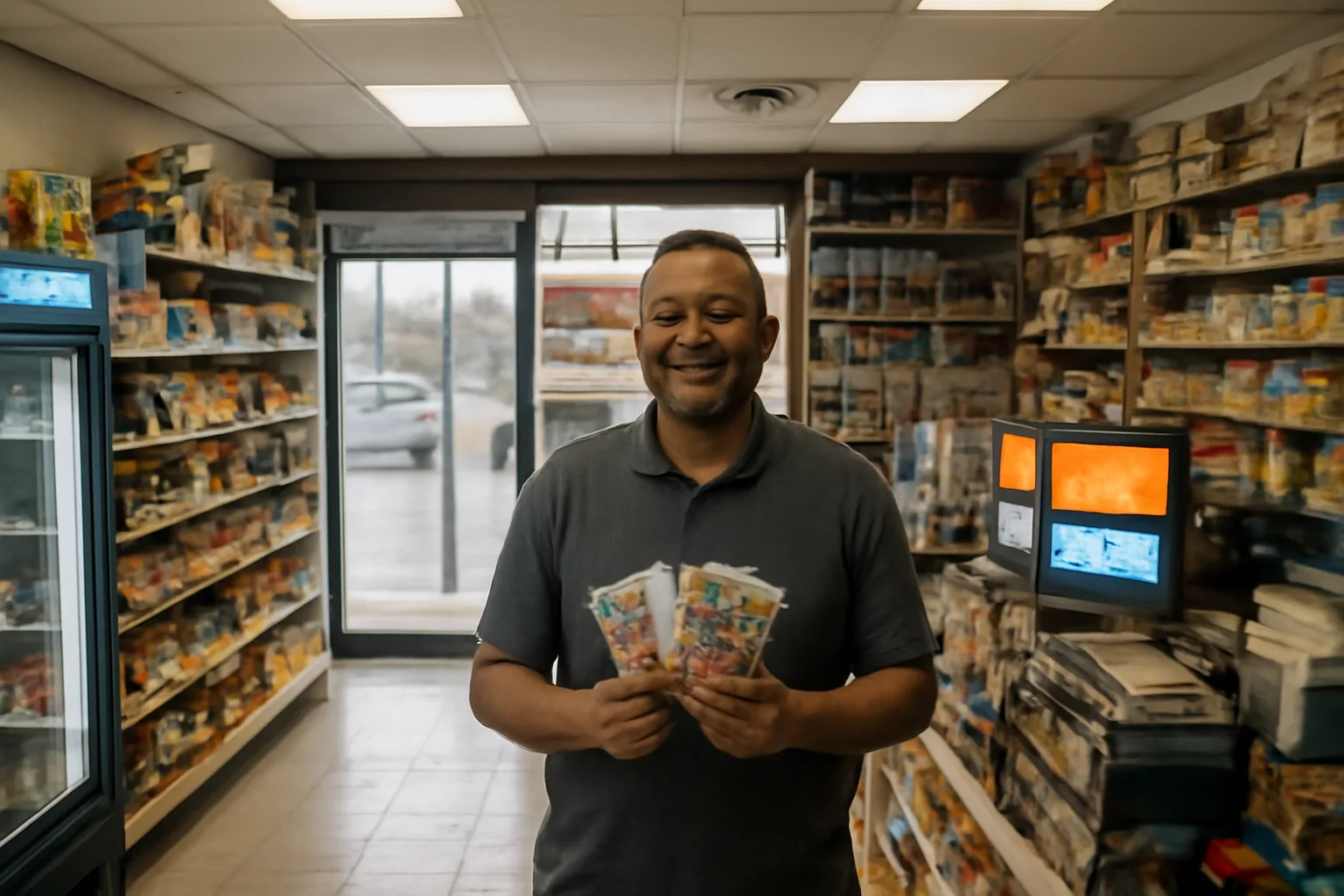 A man inside a small convenience store in Maryland holding lottery tickets, standing near the lottery ticket counter