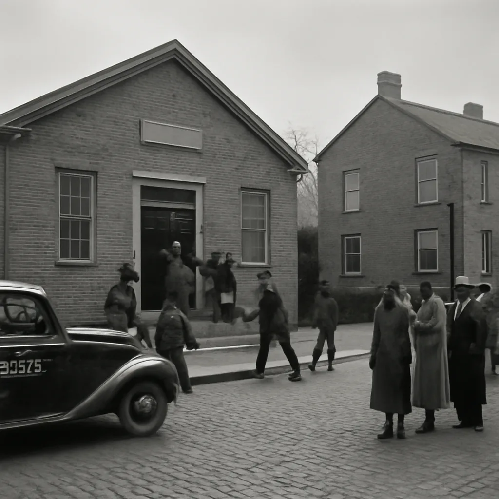 Police officers outside a 1930s-era meeting hall with a crowd gathered nearby; period clothing and vintage police uniforms visible, subdued atmosphere.