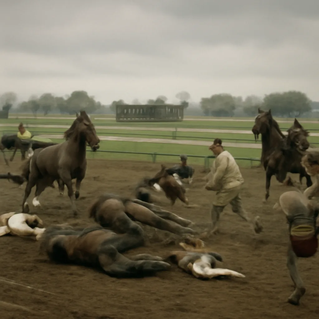 Wide view of a racetrack stretch showing several fallen and struggling racehorses with dismounted jockeys and attendants rushing onto the track; emergency responders and grooms nearby.