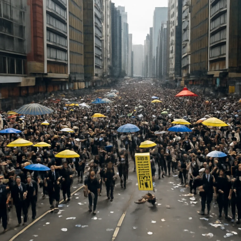 Crowd of Hong Kong protesters occupying a major city street near commercial buildings, with makeshift barricades, banners, and small tents visible; scene taken during daytime with many people and blocked traffic.