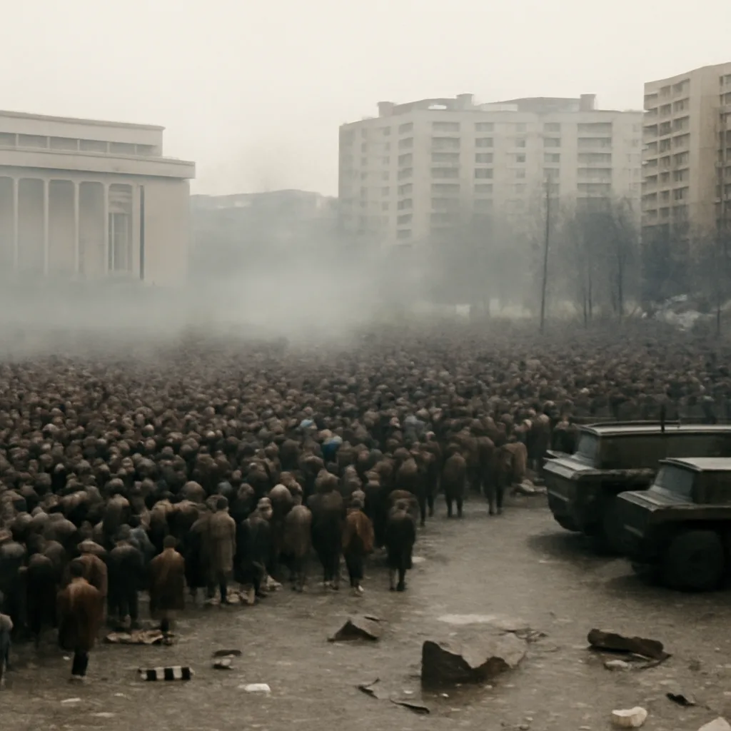 Crowds in a mid-1980s Eastern European city square with banners and flags, armored vehicles at the perimeter, and smoke or dust in the air from unrest; late afternoon light and a tense atmosphere.