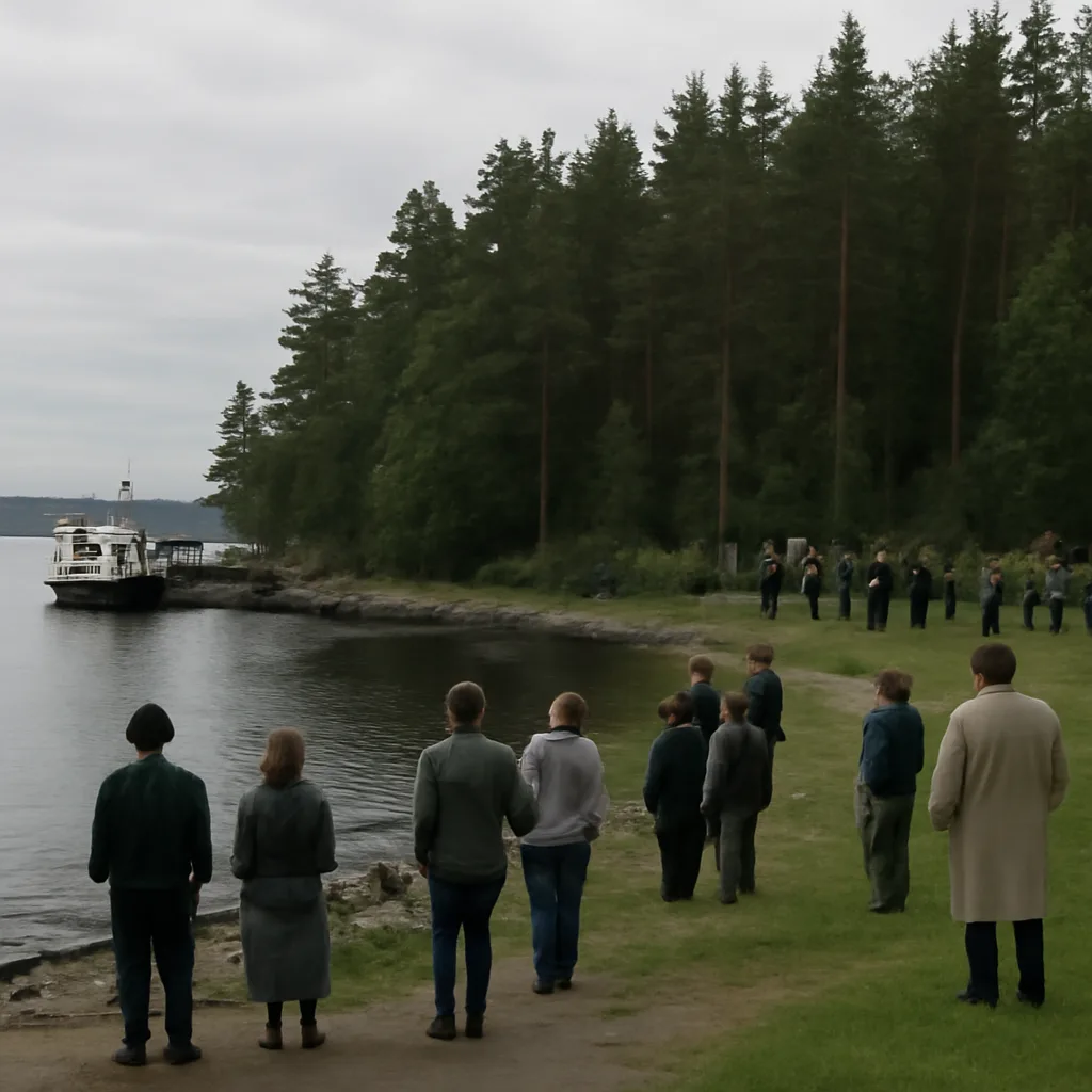 Utoya island shoreline and wooded area where a 2011 youth camp shooting occurred; ferry landing, dense pine forests, and a shoreline with people standing at a distance during a memorial.