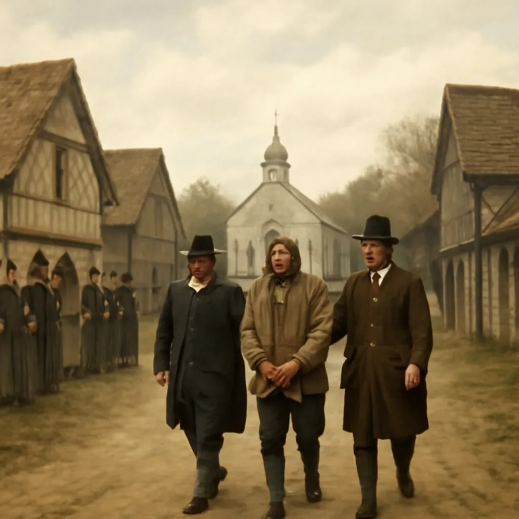 Late 17th-century New England village street with timber-frame houses, a small meetinghouse, townspeople in period clothing gathered at a distance, and officers escorting a bound prisoner toward a simple wooden jail.