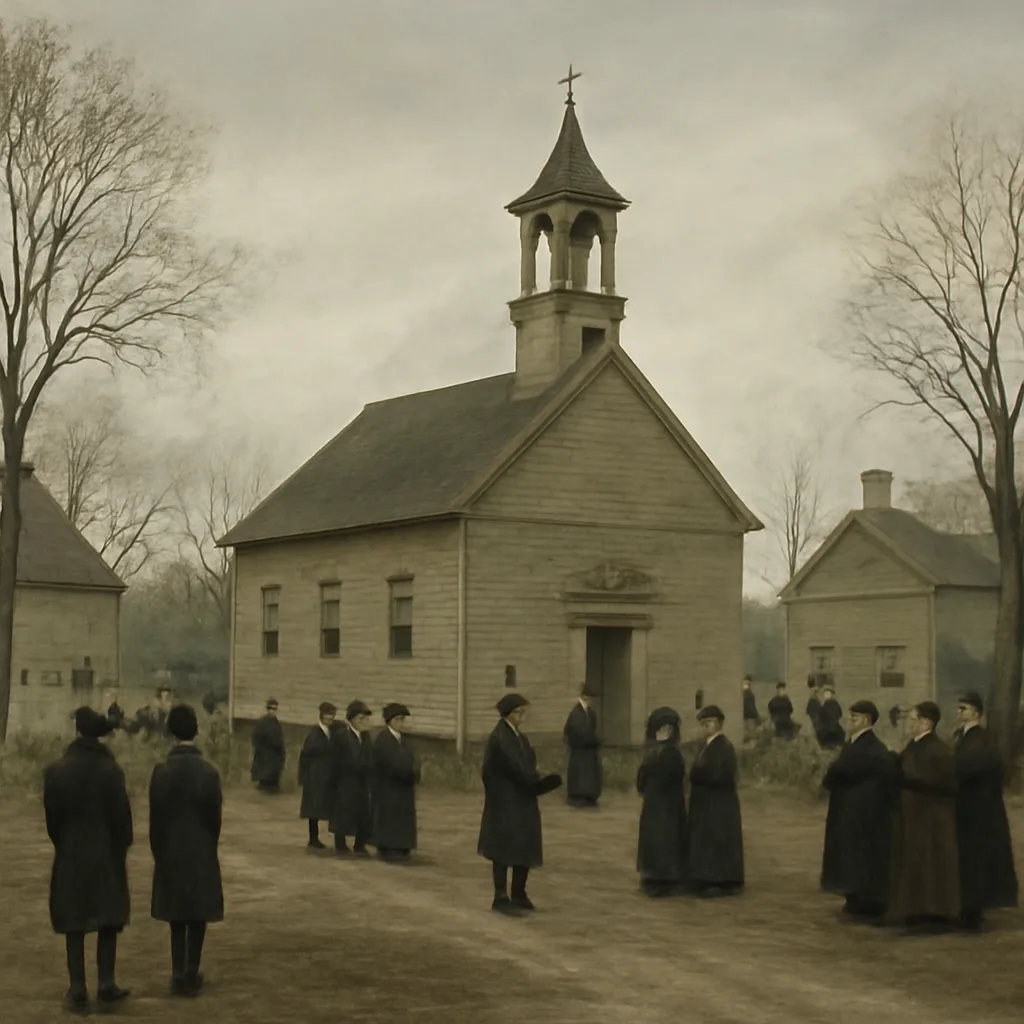 A late 17th-century New England meetinghouse and adjacent wooden buildings in a small village, with citizens gathered outside; winter-grey sky and simple colonial architecture.