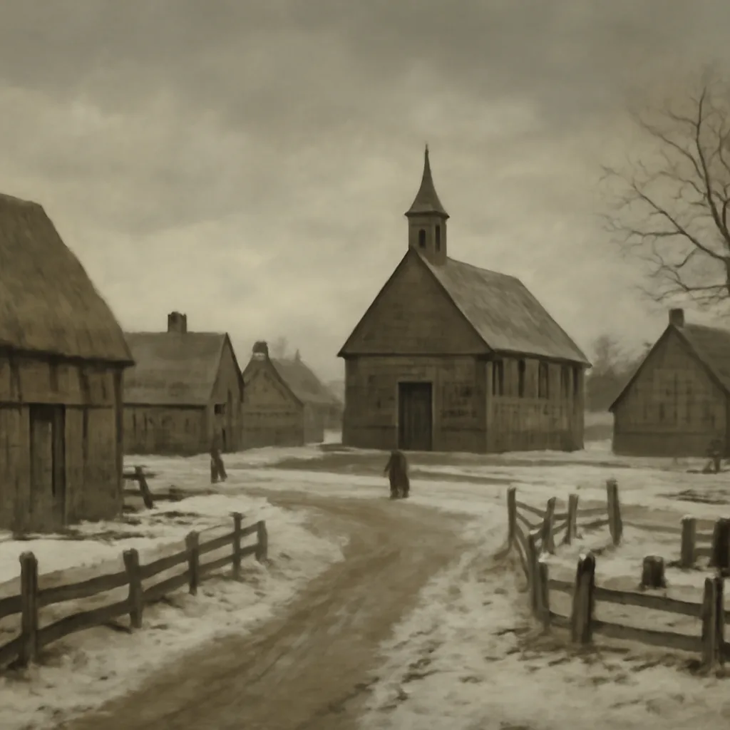Historic Massachusetts town green with 17th-century timber-framed buildings, a small wooden meetinghouse, and a modest graveyard; winter light and somber mood.