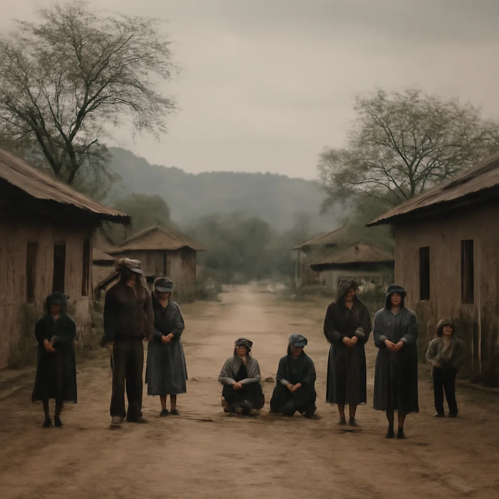 Rural Salvadoran village road with simple homes and displaced villagers gathered outside; atmosphere tense and somber, early 1980s setting.