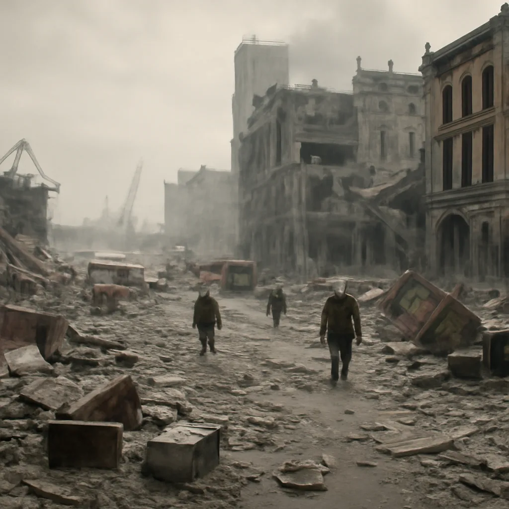 Widespread destruction around Beirut’s port after a massive explosion: collapsed buildings, shattered windows, debris-strewn streets, and emergency responders amid dust and smoke.