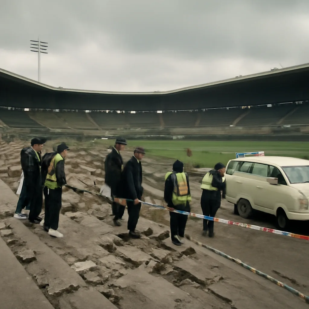 A large outdoor football stadium with empty stands and emergency personnel on the pitch; visible inspection activity and taped-off areas, overcast sky.