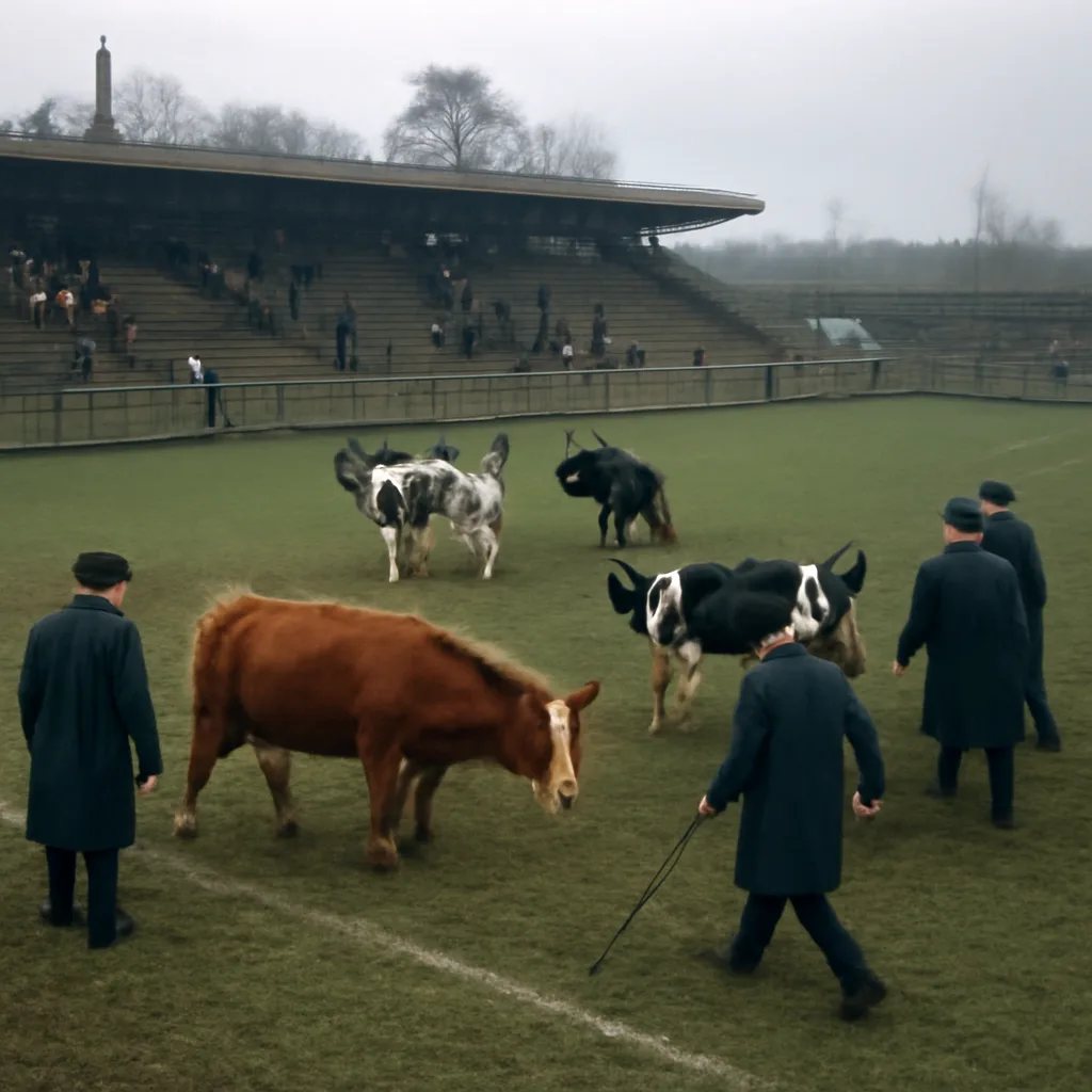 Grass football pitch with several cows standing on the playing surface while a small group of stewards and officials stand nearby; spectators visible in the stands beyond a low fence.