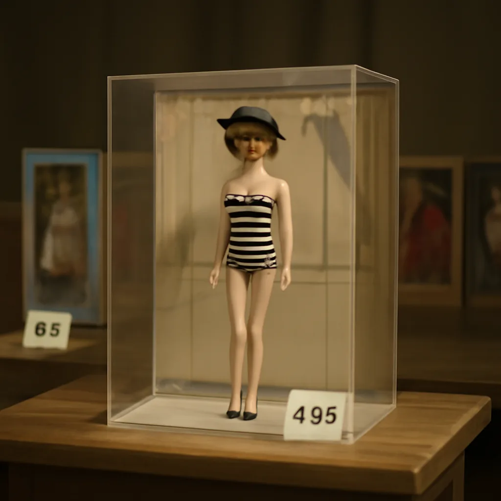 The original 1959 Barbie doll in a black-and-white striped swimsuit posed in a simple mid-20th-century toy display box with sunglasses and a small hat.