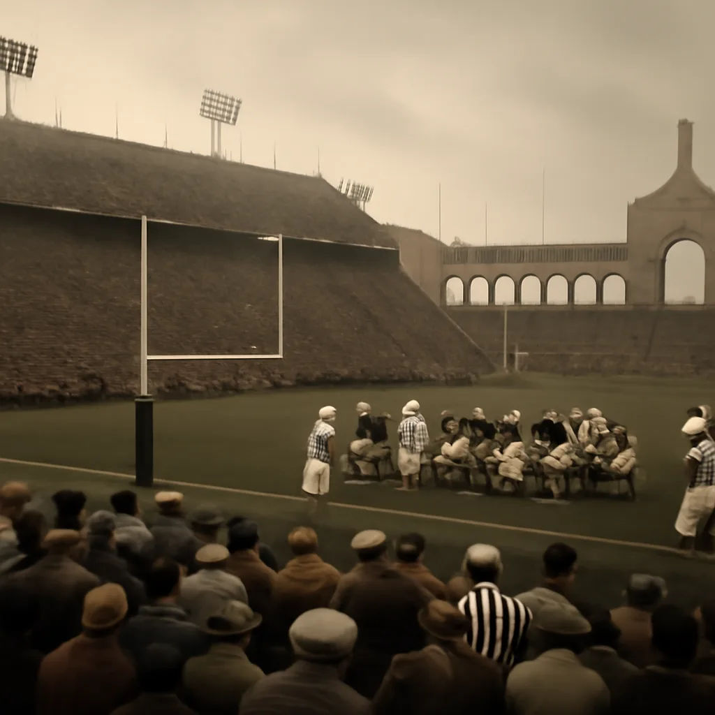 1967 Los Angeles Memorial Coliseum interior during Super Bowl I, Packers players on offense near the goal line; black-and-white-era stadium scene with 1960s football uniforms and helmets.