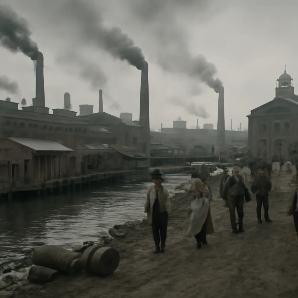 Early 20th-century industrial riverside town with factories discharging smoke and waste into a river; workers and residents on unpaved streets; period clothing typical of 1900–1930.