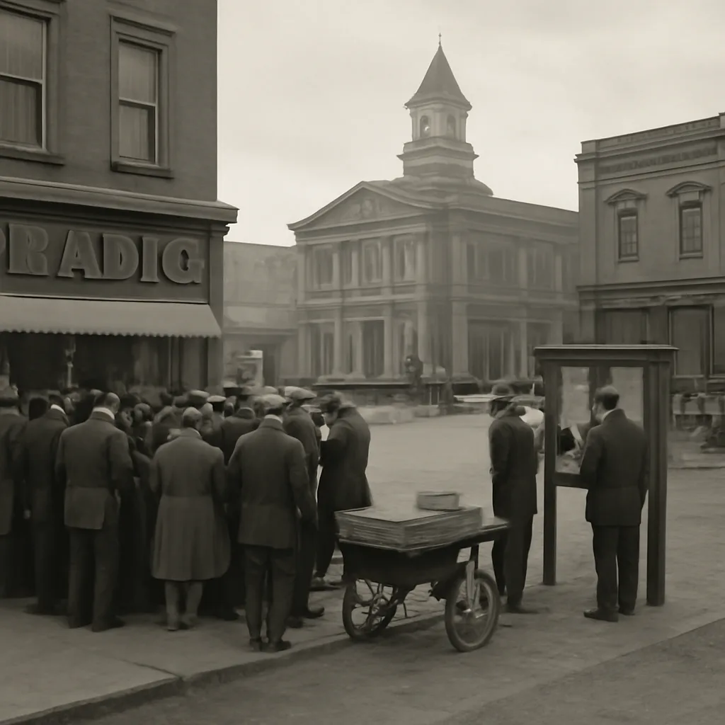 A 1930s town square with radio listeners gathered outside a shop and stacks of newspapers on a vendor's cart; people look anxious while officials post notices on a bulletin board.