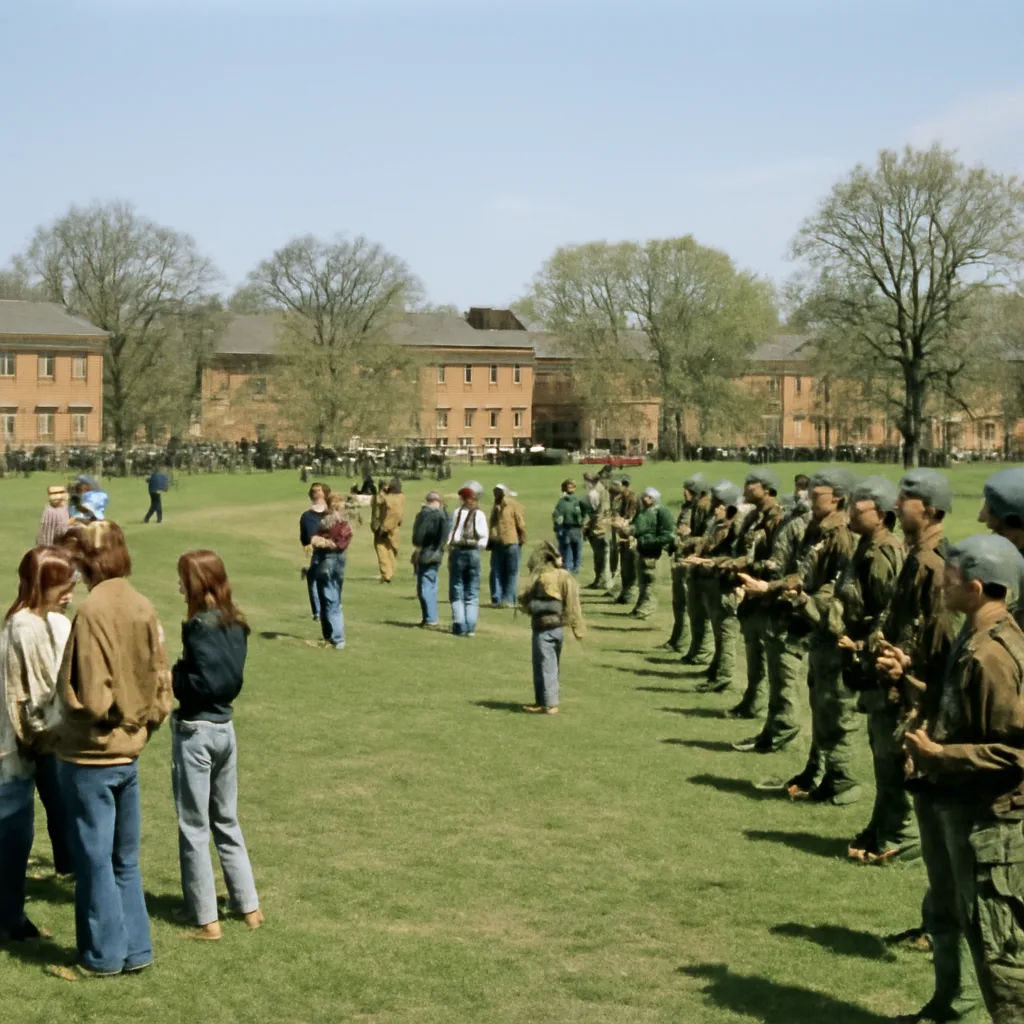 Kent State Commons lawn with Ohio National Guard assembled at a distance and students gathered nearby; scene of tension in spring daytime, 1970.
