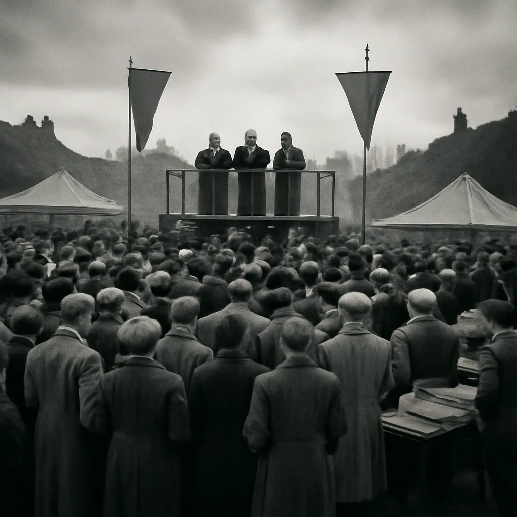 A large 1930s-era outdoor assembly of people in period clothing gathered around raised platforms where robed leaders address the crowd; banners and simple tents are visible, photographed in black-and-white style.
