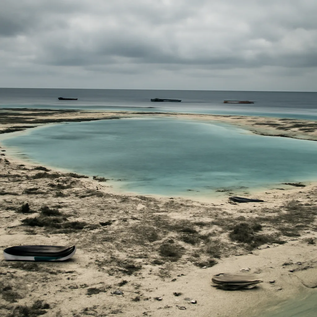 Aerial view of Bikini Atoll lagoon and atoll islands after the 1950s nuclear tests, showing reef, shallow waters, and small islets; no identifiable faces.