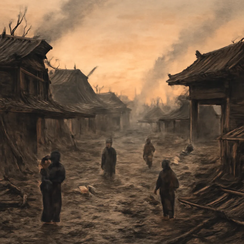 Ruined wooden streets and collapsed thatched roofs of 17th-century Edo after a large fire, with smoke rising and survivors gathered among debris.