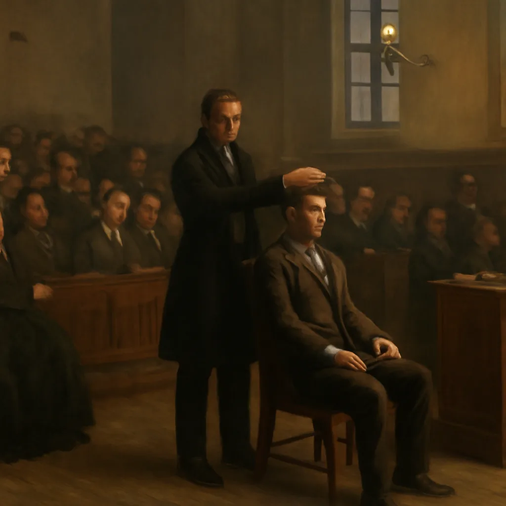 A mid-19th-century public mesmerism demonstration in a modest lecture hall: a practitioner performing hand passes over a seated volunteer while an audience watches from benches and standing room.