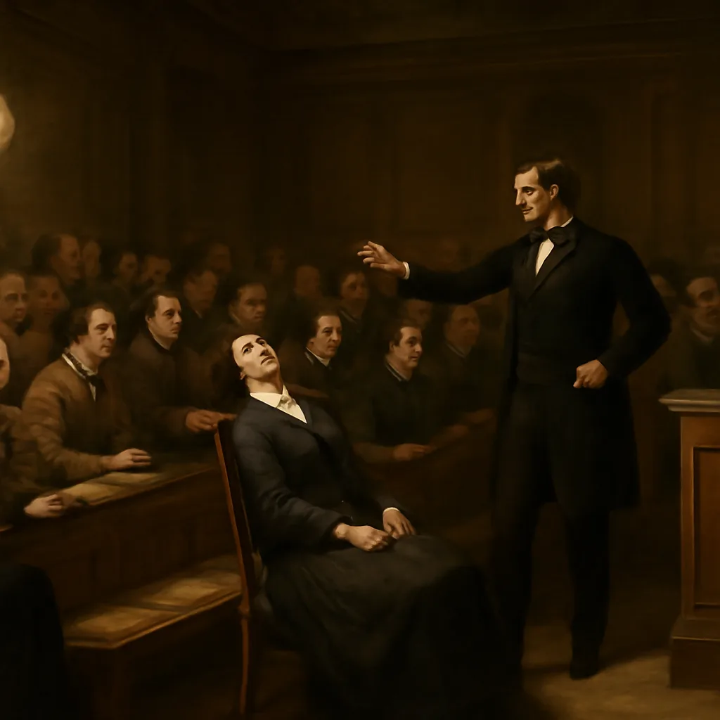 A 19th-century lecture hall or salon with a presenter demonstrating mesmerism to a seated audience; attendees in period dress observe a volunteer in a fainting or trance-like posture.