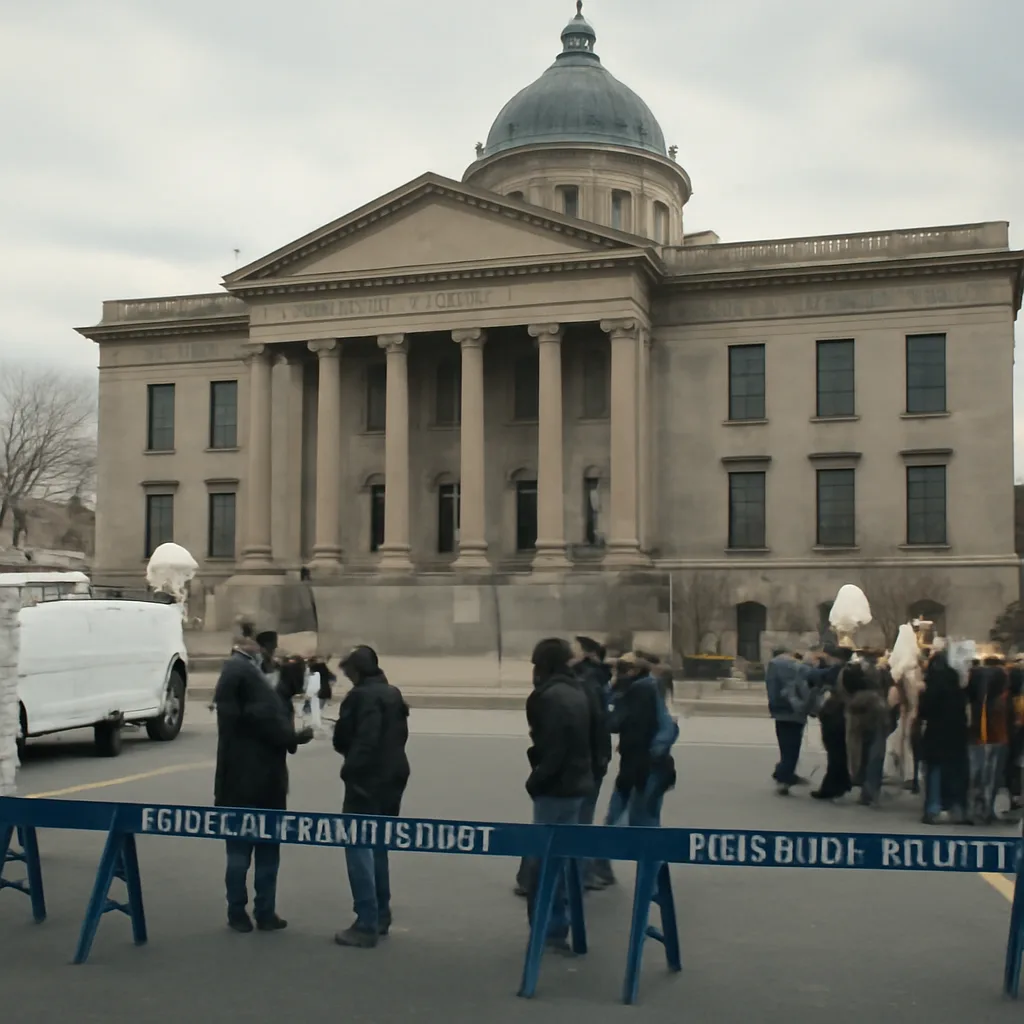 Exterior of a county courthouse with media vans and small groups of people gathered outside during daytime; historically refers to the 2005 Santa Maria trial period.