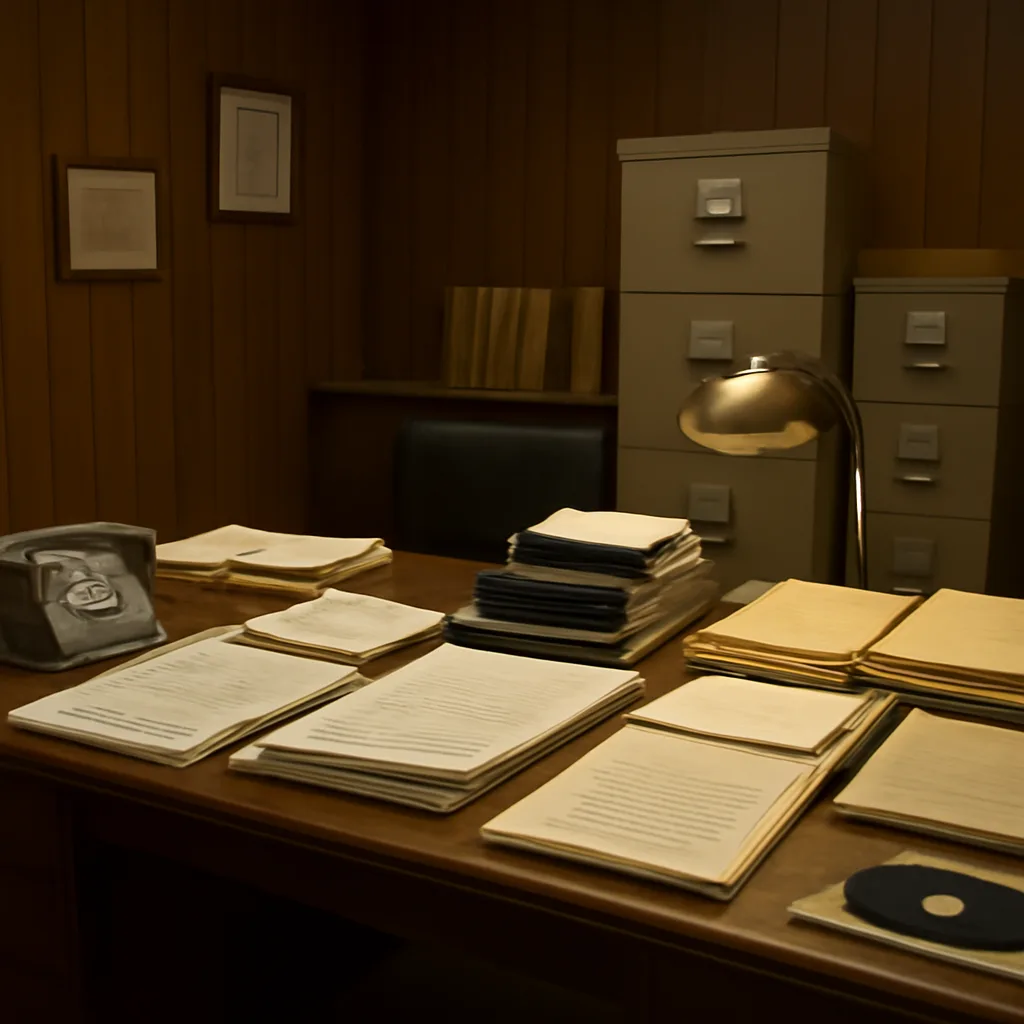 Stacks of sheet music and vintage publishing ledgers on a desk next to a typewriter and a vinyl record sleeve, evoking 1960s–1980s music publishing business documents.