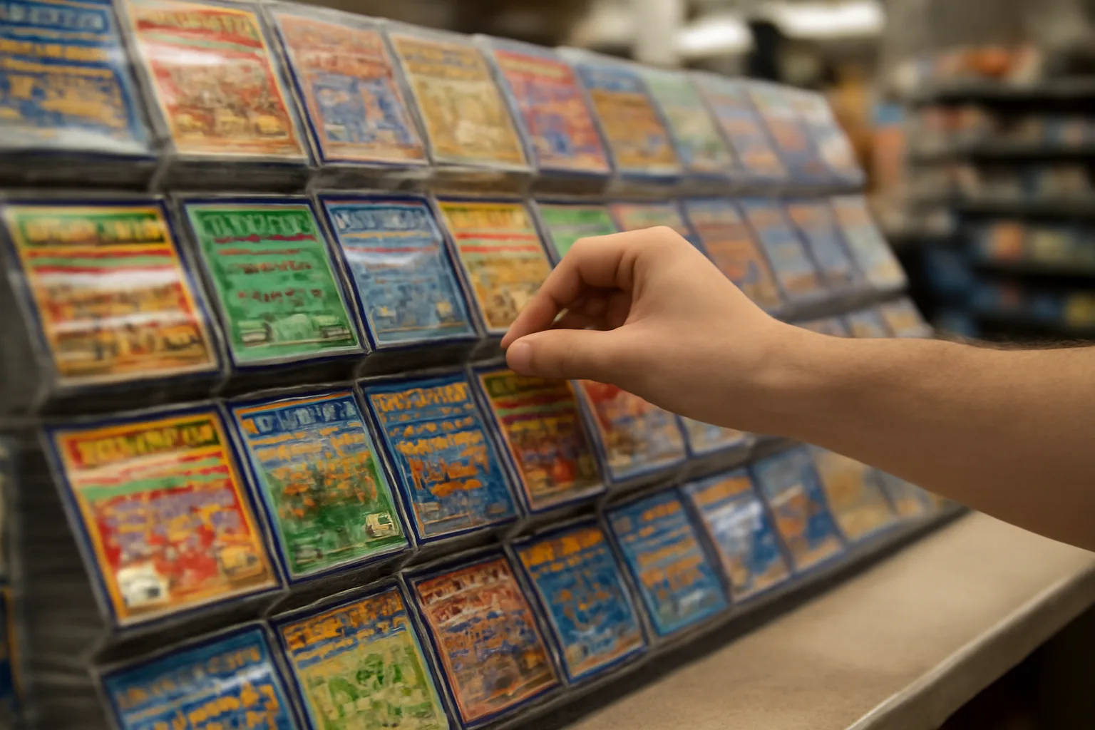 Hand selecting a scratch-off lottery ticket from a display inside a Michigan gas station convenience store