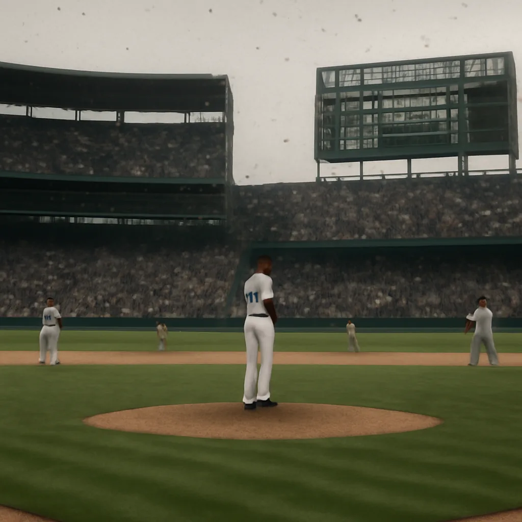 Pitcher on a baseball mound with small dark specks visible in the air around the pitching area and players brushing at their faces during an outdoor afternoon game.