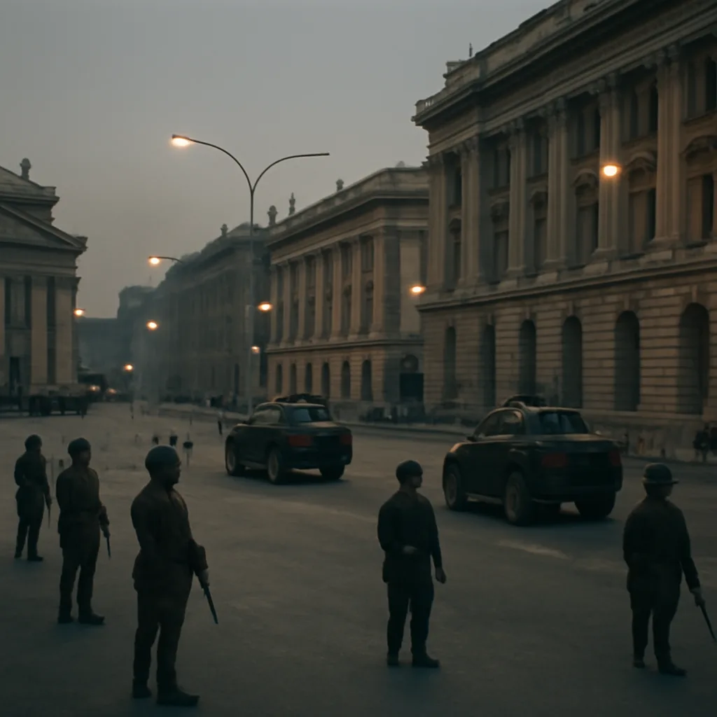 Soldiers and armored vehicles positioned on a broad city avenue outside government buildings at dusk, with empty streets and closed shutters on shops.
