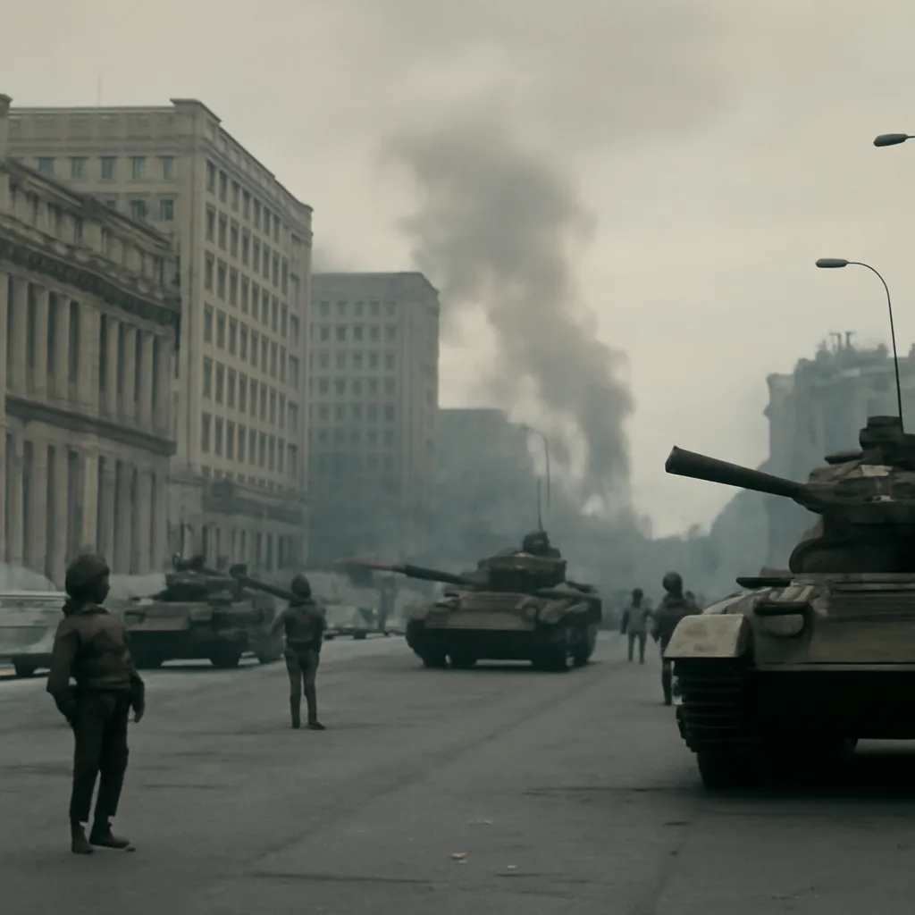 Tanks and soldiers on a wide avenue in Santiago, Chile, in front of government buildings during the November 1973 coup; smoke and military vehicles visible, no identifiable faces.