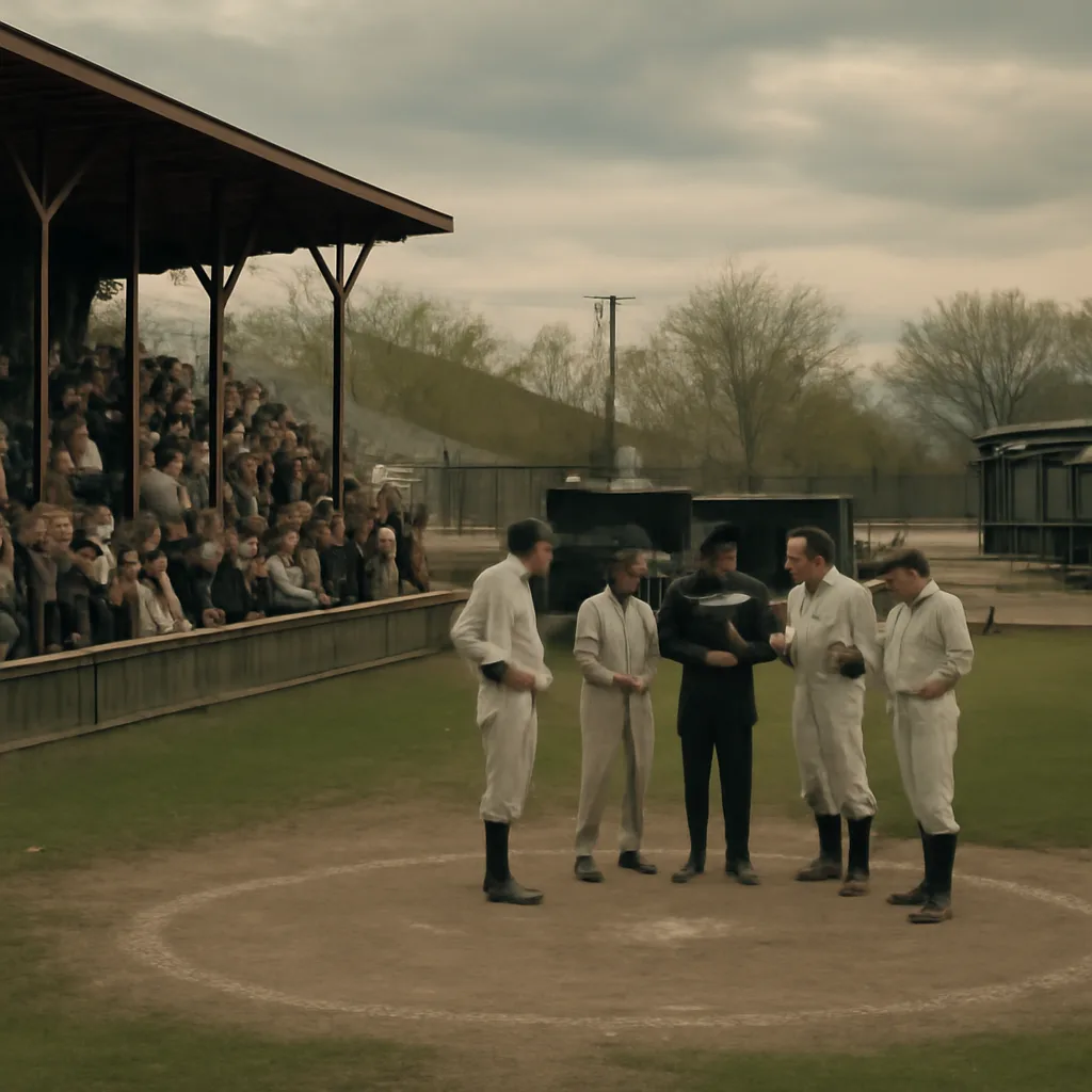 Early 20th-century small-town baseball field with spectators in period dress gathered in wooden bleachers and an empty infield; a team’s equipment bag sits unused near the dugout.