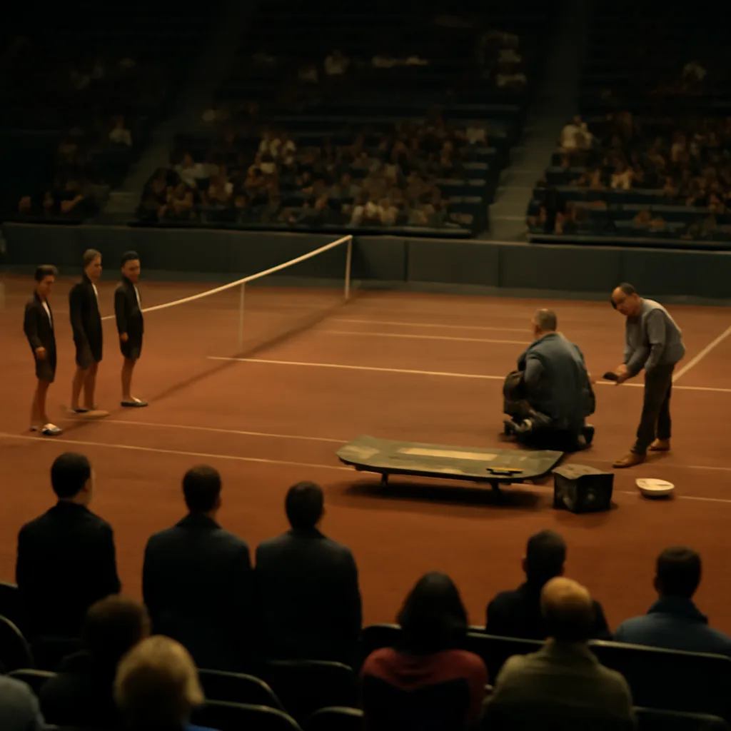 Tennis court in an indoor arena with empty sidelines and a medics' stretcher; court cloth and nets visible, capturing the tense aftermath setting of the 1993 Hamburg incident.