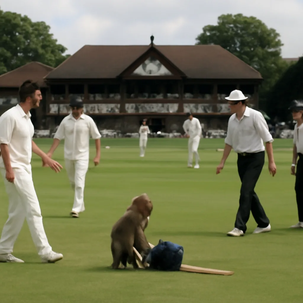 A monkey on a cricket field holding or near cricket equipment while players and ground staff approach; open grassy cricket ground with pavilion and spectators in the distance.